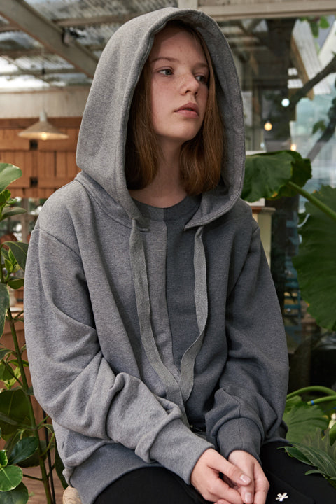 ESTERISK Grey Modest Loose Fitted Cotton Round Neck Outside Hoody