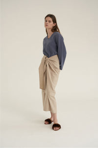NOTA V-Neck Simple Top Dusty Blue Modest Loose Fitted Top with Long Sleeves in Polyester