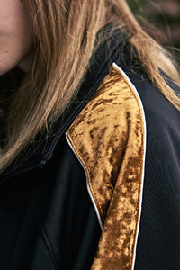 ESTERISK Black VHS Modest Loose Fitting Gold Velvet Sleeve Zipper Track Jacket in Polyester and Spandex