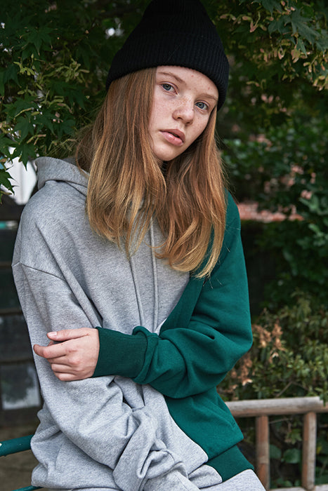 ESTERISK Grey and Green Modest Hoodie in Cotton with Lip Pocket