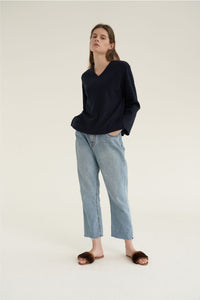 NOTA V-Neck Simple Top Navy Modest Loose Fitted Top with Long Sleeves in Polyester