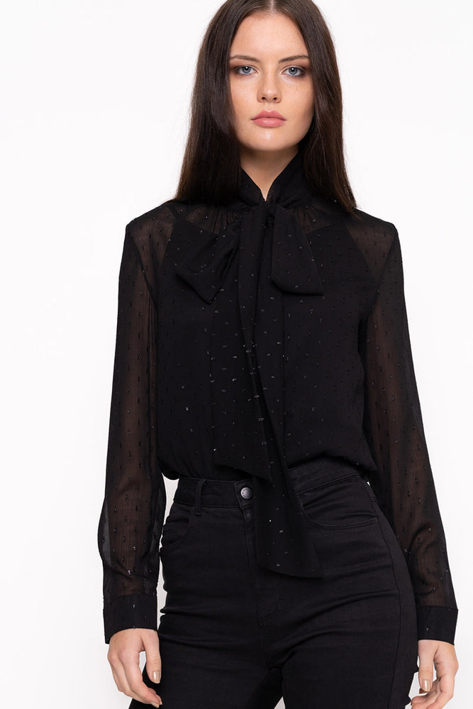 UNIQUE 21 Black Blouse With Polka Dots Modest Sheer Shirt with Sash Around Neck Long Sleeve