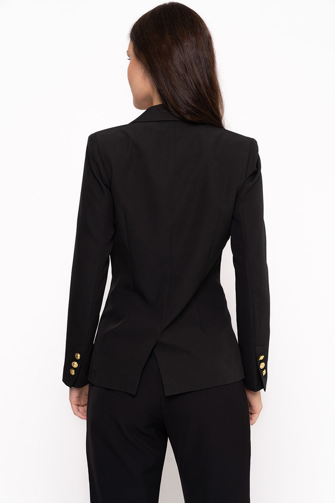 Unique21 Blazer With Gold Button Detail Modest Black Jacket with Single Front Gold Button and Gold Buttons on Lapel and Sleeves with Front Pockets
