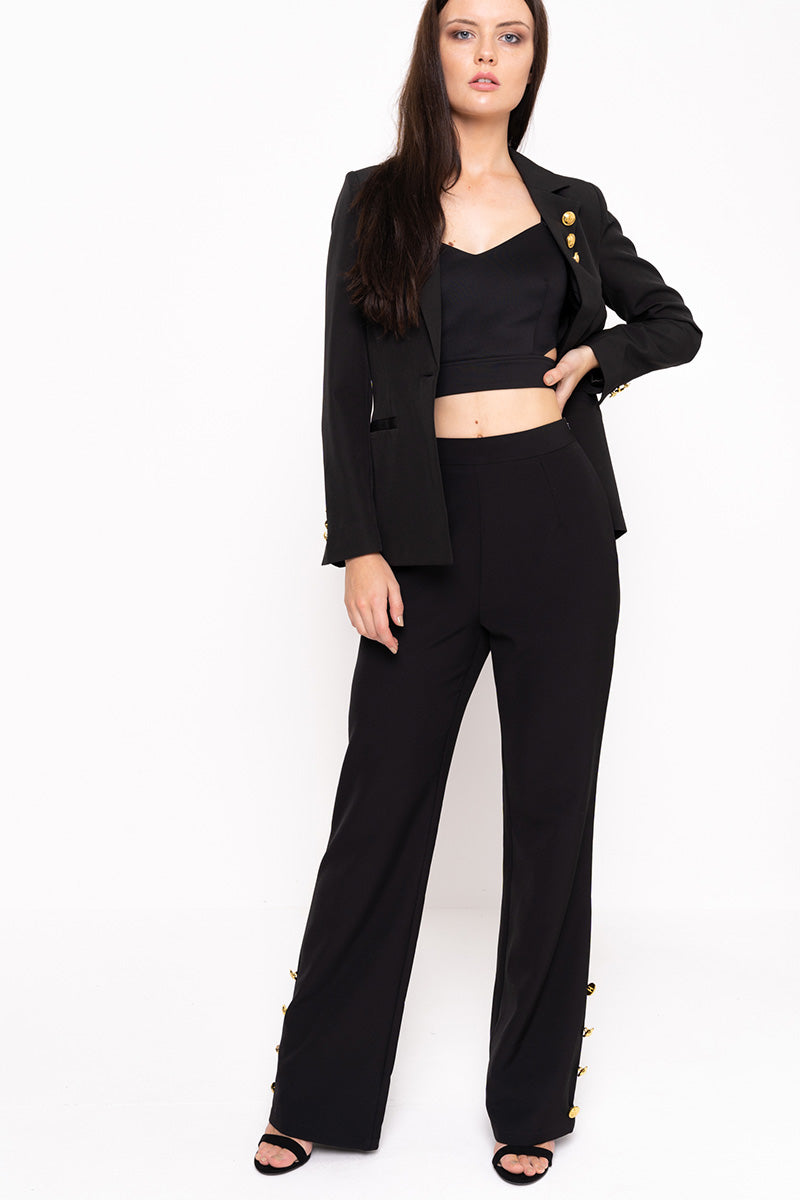 Unique21 Wide Leg Trouser With Gold Buttons Modest Straight Fit Black Pants in Loose Fit