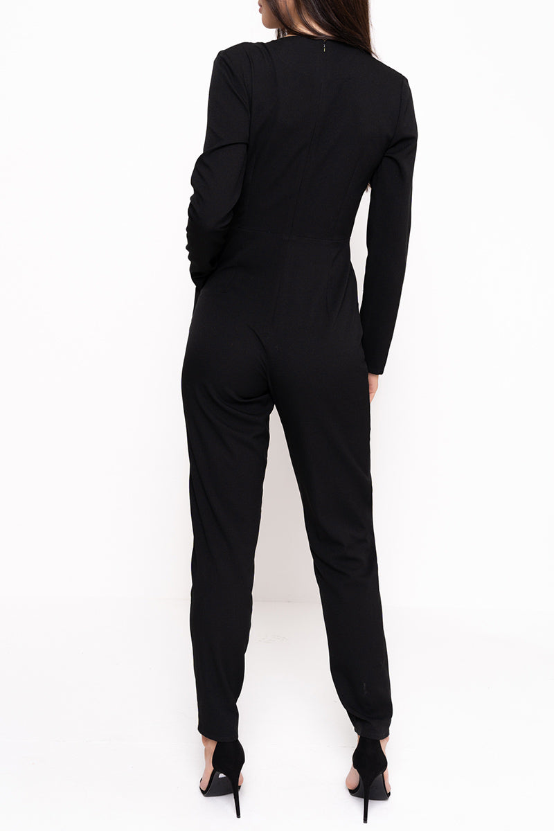 Unique21 Long Sleeve Wrap Around Jumpsuit Modest Black Jumpsuit with V-Neck Wrap Front and Side Pockets