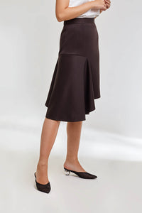 Modest Domani Midi Skirt in Brow with Uneven Hemline in Scuba Fabric