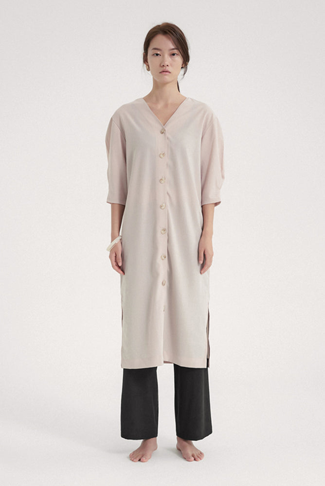 NOTA Capsule Robe Dress Beige Modest Below The Knee Midi Dress in Beige with Front Buttons