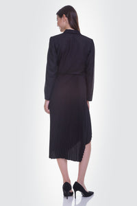 módni Ash Black Dress Modest Midi Dress With Asymmetric Pleats, Long Sleeves and Fake Attached Blazer