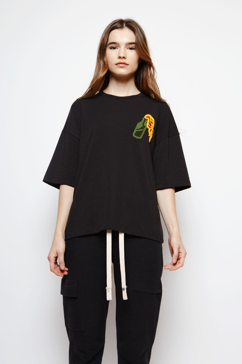 Muzca Essential Molotov Tees Modest Relaxed Fit Black T-Shirt with Embroidery on Left Chest in Supima Cotton and Spandex