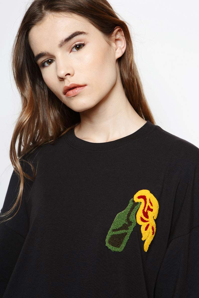 Muzca Essential Molotov Tees Modest Relaxed Fit Black T-Shirt with Embroidery on Left Chest in Supima Cotton and Spandex