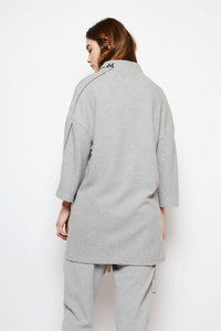 Muzca Essential Oversized Sweatshirt In Grey Modest Long and Loose Fitting Pullover with Ribbed Texture and Black Embroidery on Sleeves in 100% Cotton