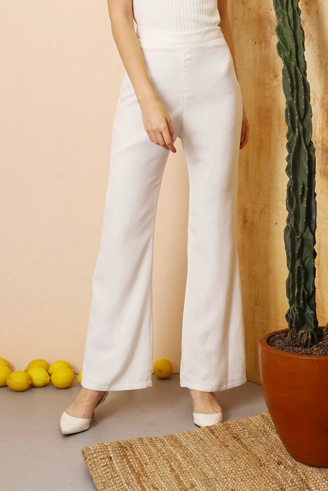 Le Bijou Modest Davis Bell-Bottom Trouser in White High Waisted Women Pants with Slit and Flared Leg