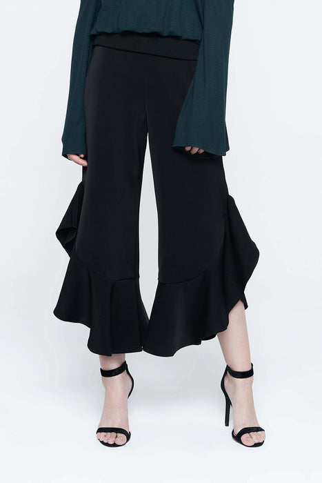 Domani Modest Black Pants with Uneven Hem with Frills in 100% Polyester
