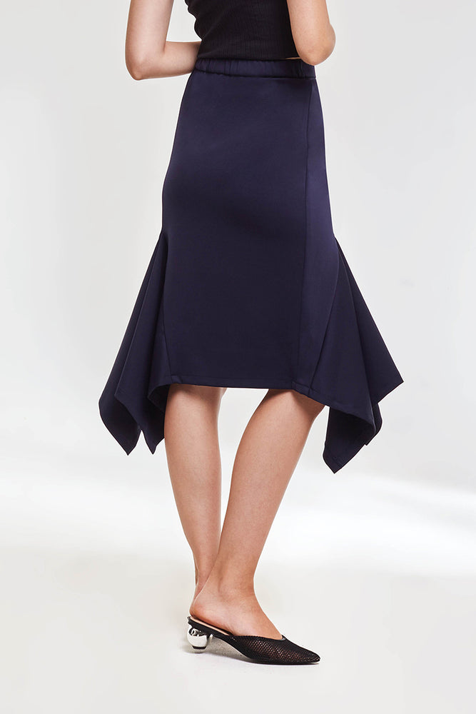 Domani Modest Midi Knee Length Skirt in Navy with Asymmetric Hemline in Scuba Fabric