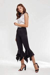 Domani Modest Black Fitted Pants with Frills and Asymmetrical Hem in Satin Crepe