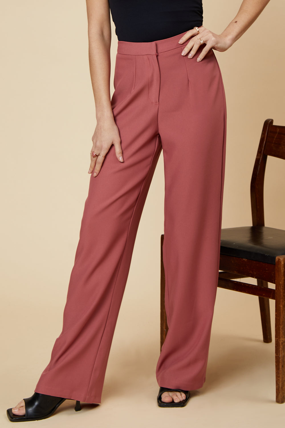 UNIQUE21 Blusher Wide Leg Tailored Trouser Modest Ankle-Length High-Waist Loose Pants For Women With Hidden Front Zipper