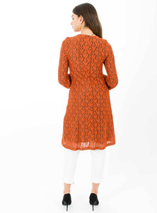 STORE WF Funnel Sleeve Lace Tunic Modest Loose Long Sleeve Lace Top in Orange