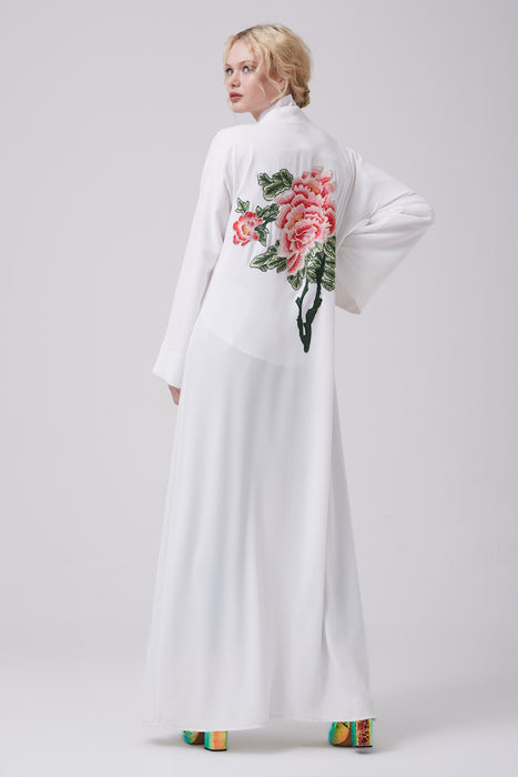 FERADJE white modest abaya with embroidery design inspired by chinese symbols made from crepe back view
