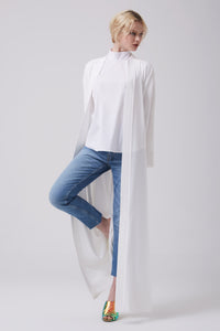 FERADJE white modest abaya with embroidery design inspired by chinese symbols made from crepe front view