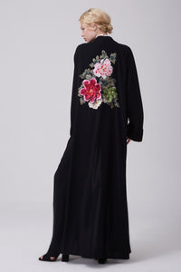 FERADJE modest black abaya or kimono with a flowery embroidery made from the finest crepe back view