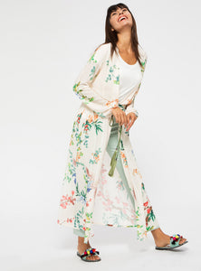 STORE WF Floral Kimono with Tassel Belt Modest White Floral Loose Fitted and Long Kimono with Tie and Open Front 
