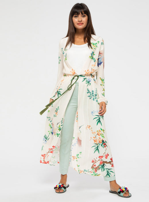 STORE WF Floral Kimono with Tassel Belt Modest White Floral Loose Fitted and Long Kimono with Tie and Open Front 