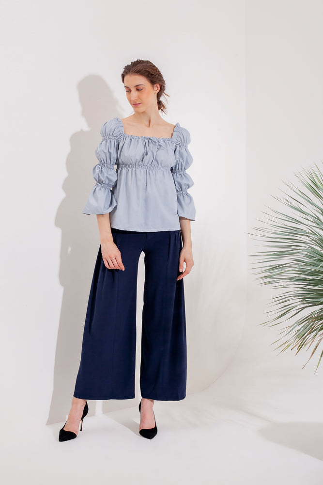Domani Ginerva Top Modest Loose Fitting Women Top with Puff Ruffle Sleeves in Light Blue in Crepe Stretch