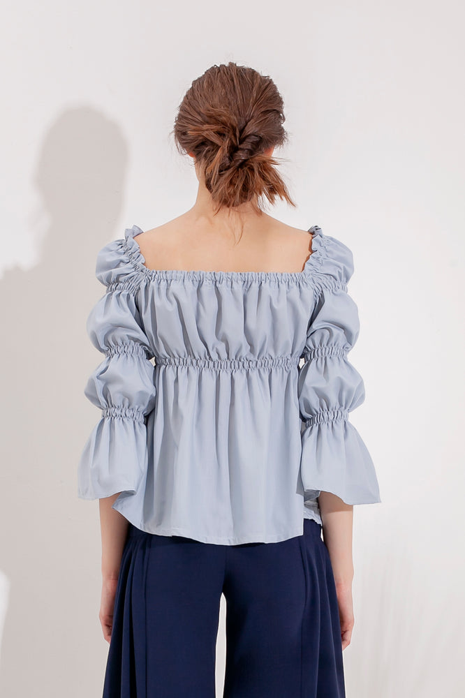 Domani Ginerva Top Modest Loose Fitting Women Top with Puff Ruffle Sleeves in Light Blue in Crepe Stretch