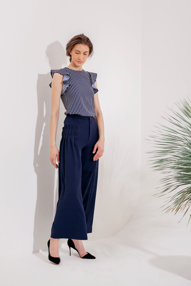 Domani Giula Pants Modest Loose Fitting Long Women Trousers with Side Pleats in Navy and Crepe Stretch