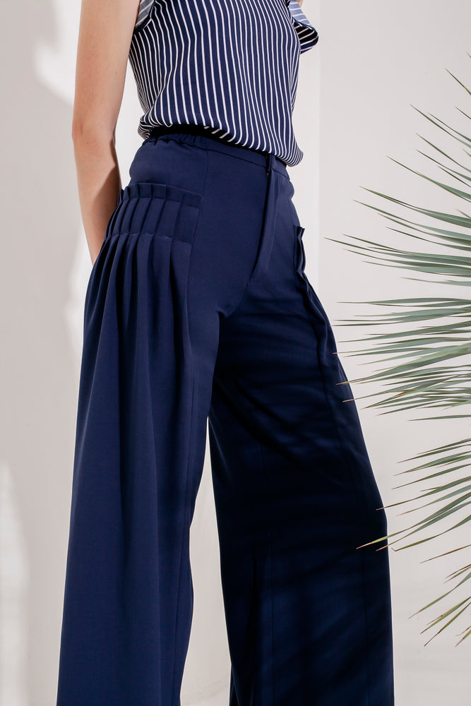 Domani Giula Pants Modest Loose Fitting Long Women Trousers with Side Pleats in Navy and Crepe Stretch