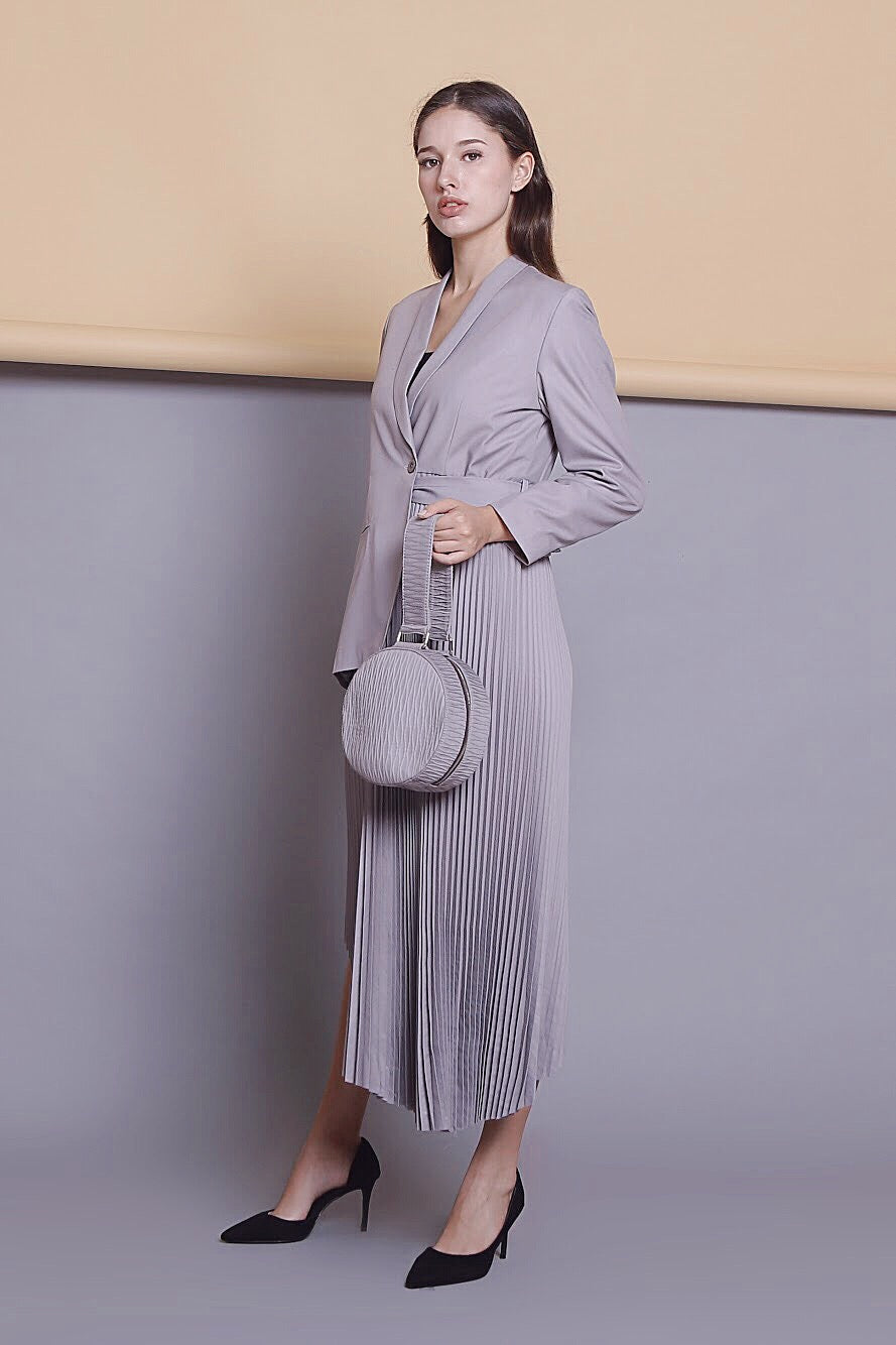 módni Ash Grey Dress Modest Long-Sleeve Midi with Attached Blazer and Asymmetrical Pleated Skirt