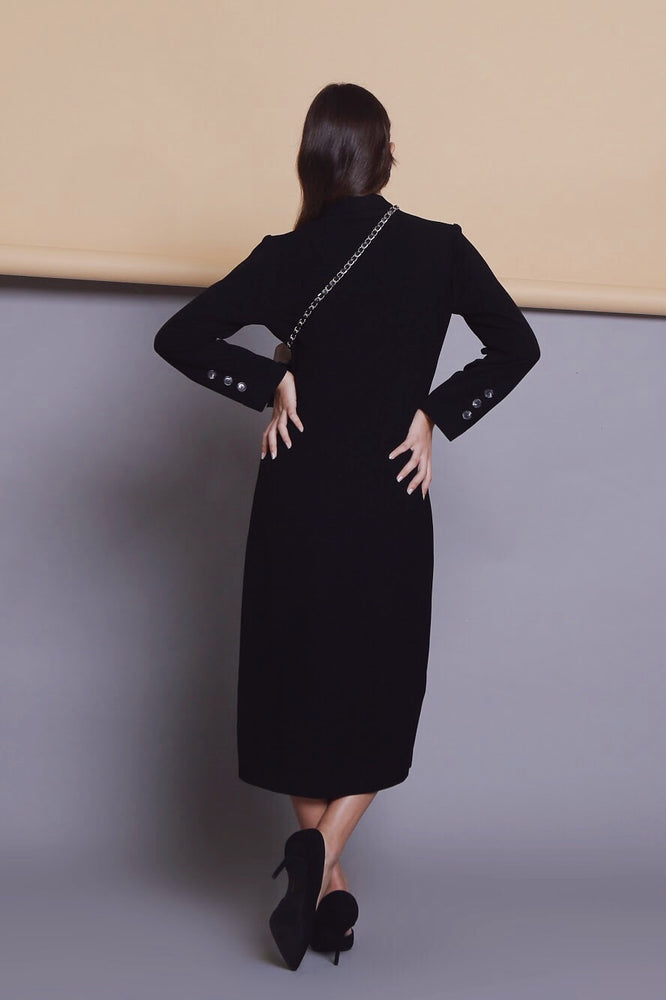 módni Jade Black Dress Modest Midi Dress with Long Sleeves, Front Pockets, Lapel Collar in Cashmere
