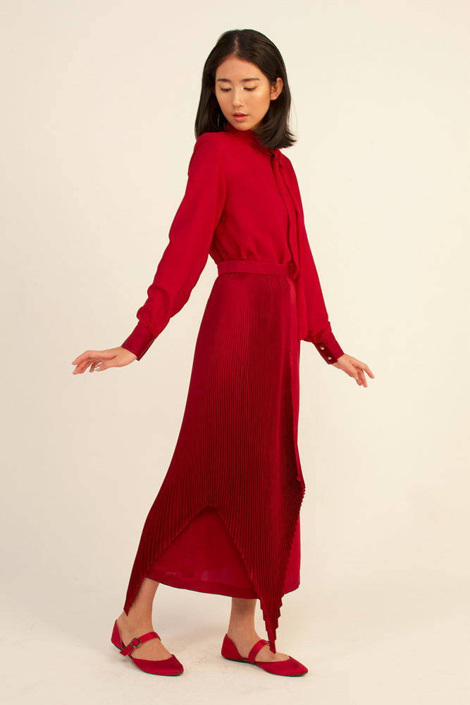 módni Ornata Half Pleated Silk Skirt Modest Midi Skirt With Asymmetrical Hemline, Side Zipper, in Polyester and Silk
