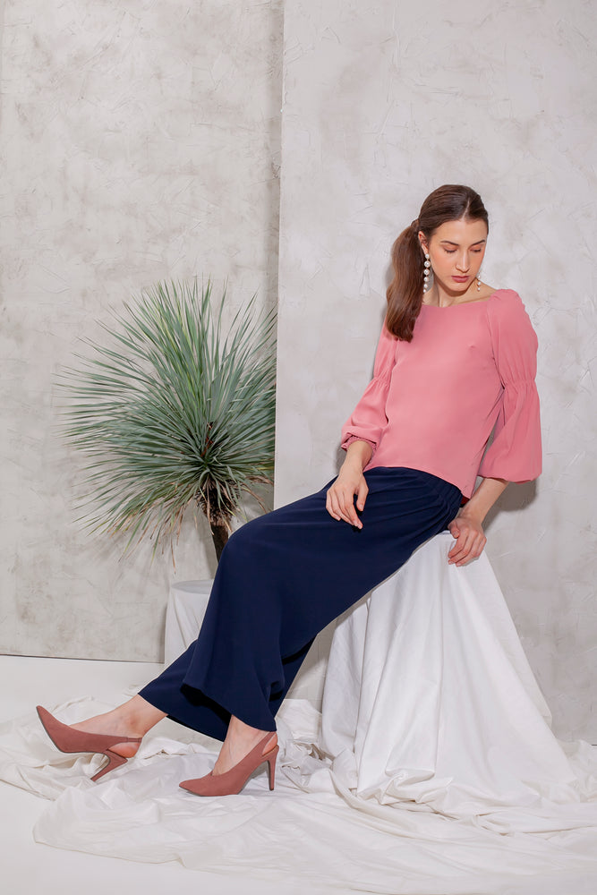 Domani Idalia Coral Top Modest Loose Women's Pink Top with Puff Long Sleeves in Crepe Stretch