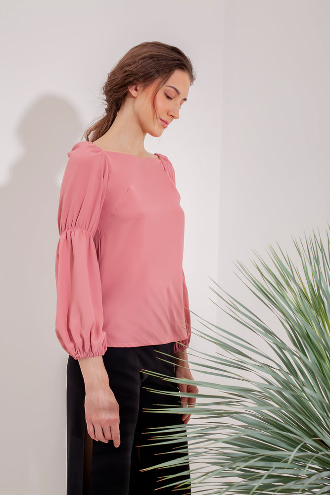 Domani Idalia Coral Top Modest Loose Women's Pink Top with Puff Long Sleeves in Crepe Stretch