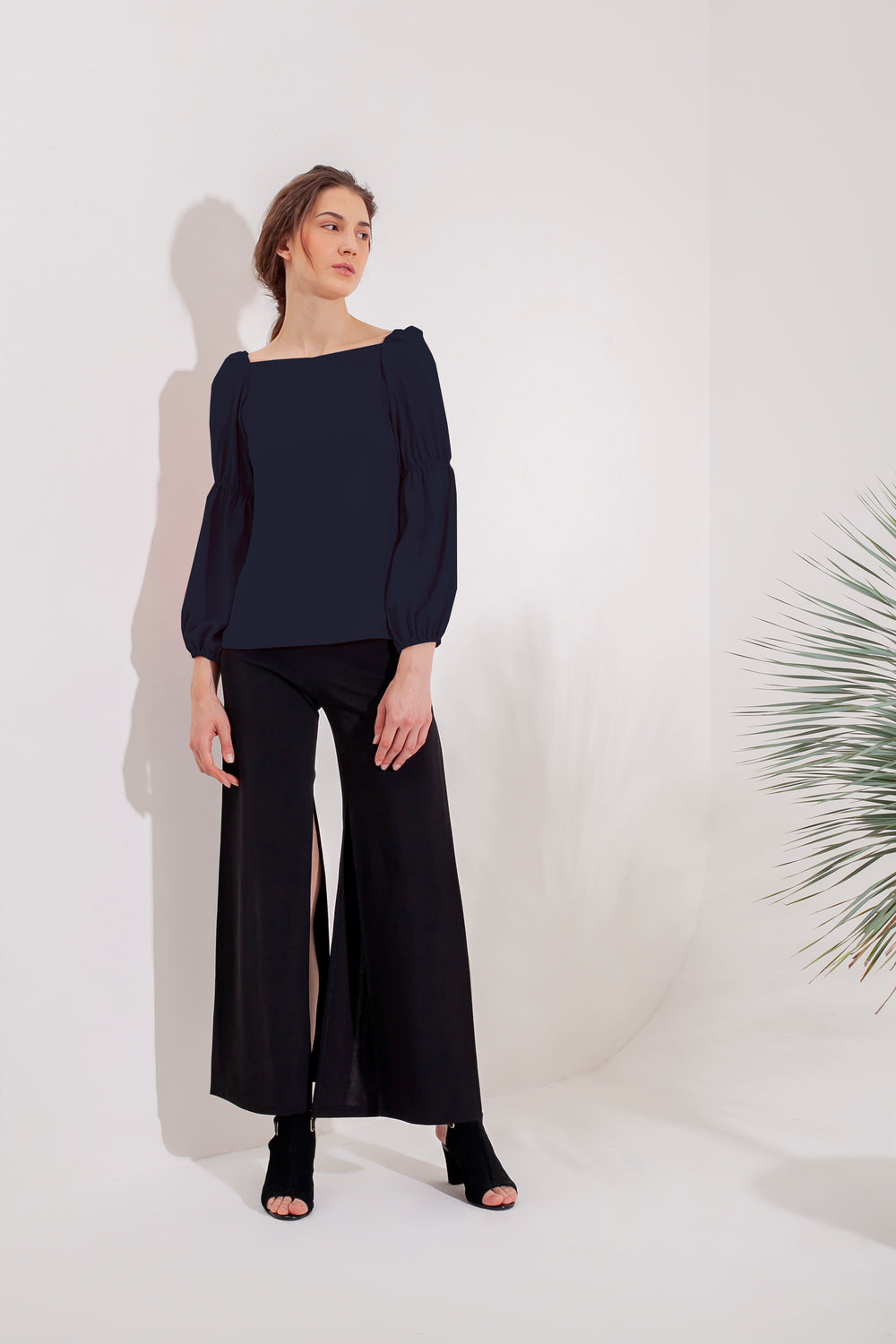Domani Idalia Prussian Top Modest Loose Fitting Long Sleeve Navy Top for Women with Puff and Gathered Sleeves in Polyester and Cotton