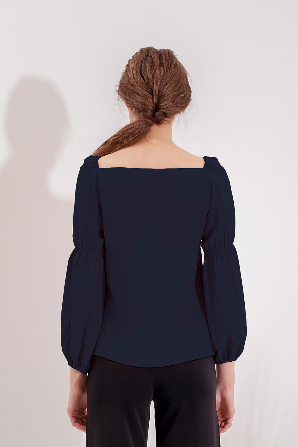 Domani Idalia Prussian Top Modest Loose Fitting Long Sleeve Navy Top for Women with Puff and Gathered Sleeves in Polyester and Cotton