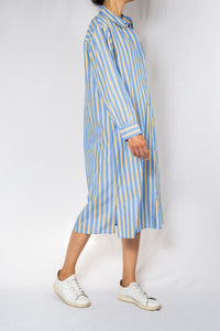 MODZ Blue Stripe Midi Shirt Dress with Sash Modest Collared Below The Knee Dress With Long Sleeves Front Buttons in 100% Cotton