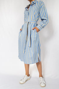 MODZ Blue Stripe Midi Shirt Dress with Sash Modest Collared Below The Knee Dress With Long Sleeves Front Buttons in 100% Cotton