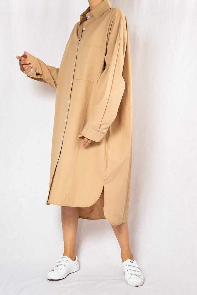 Modest Beige Loose Midi Shirt Dress with Long Sleeves | INNERMOD Modest Beige Loose Midi Shirt Dress with Long Sleeves | INNERMOD