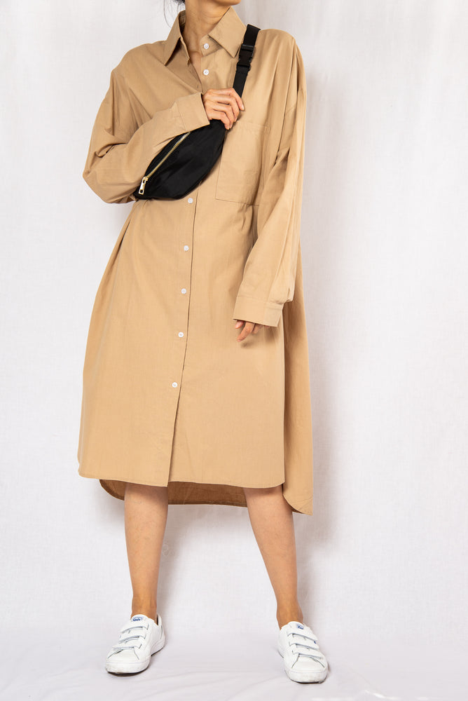 Modest Beige Loose Midi Shirt Dress with Long Sleeves | INNERMOD Modest Beige Loose Midi Shirt Dress with Long Sleeves | INNERMOD