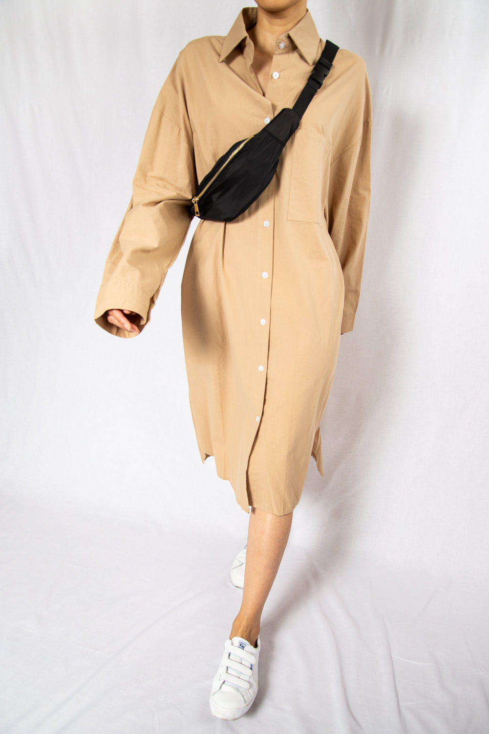 MODZ Beige Loose Midi Shirt Dress with Long Sleeves Modest Oversized Knee-Length Collared Dress in 100% Cotton