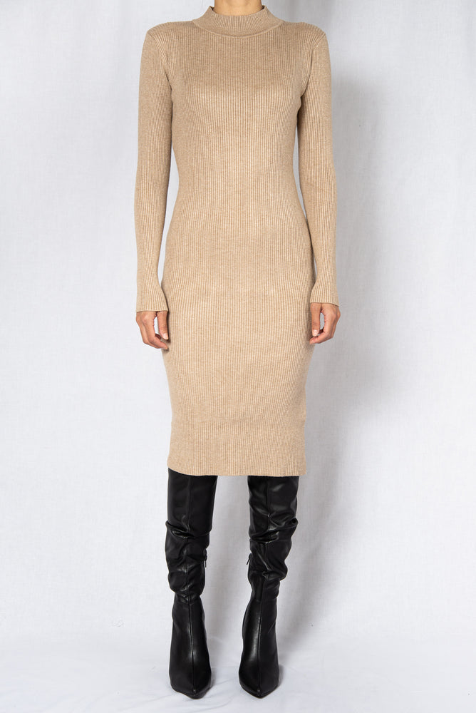 Modest Beige Rib Long Sleeves Midi Dress Modest Beige Rib Long Sleeves Midi Dress