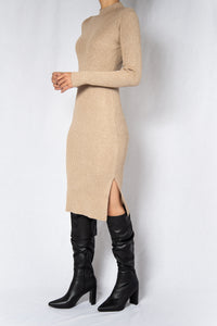 MODZ Beige Rib Long Sleeves Midi Dress Modest Knee-Length High Neck Dress in Cotton