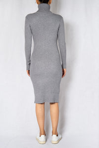 MODZ Grey Rib High Neck Long Sleeves Midi Dress Modest Knee-Length Dress With Polo Neck in Ribbed Cotton