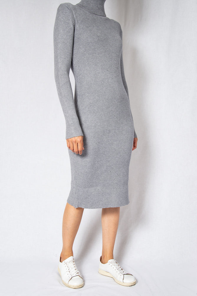 MODZ Grey Rib High Neck Long Sleeves Midi Dress Modest Knee-Length Dress With Polo Neck in Ribbed Cotton
