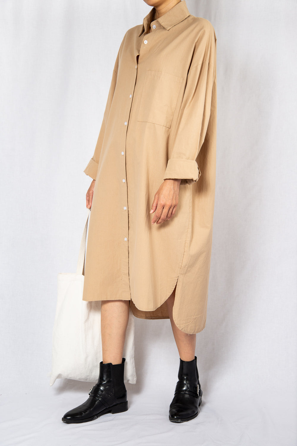MODZ Beige Loose Midi Shirt Dress with Long Sleeves Modest Oversized Knee-Length Collared Dress in Lightweight 100% Cotton