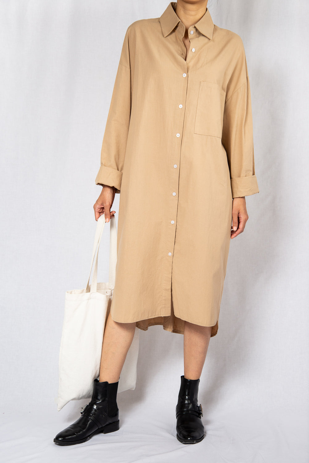 MODZ Beige Loose Midi Shirt Dress with Long Sleeves Modest Oversized Knee-Length Collared Dress in 100% Cotton