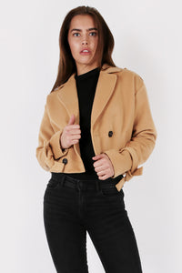 Unique 21 Modest Loose Fitting Crop Jacket in Camel Beige with Front Buttons in Polyester and Viscose