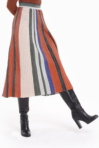 STORE WF Knitted Brocade Maxi Skirt Multicolours Stripes Modest Loose Fitting Long Skirt with Pleats